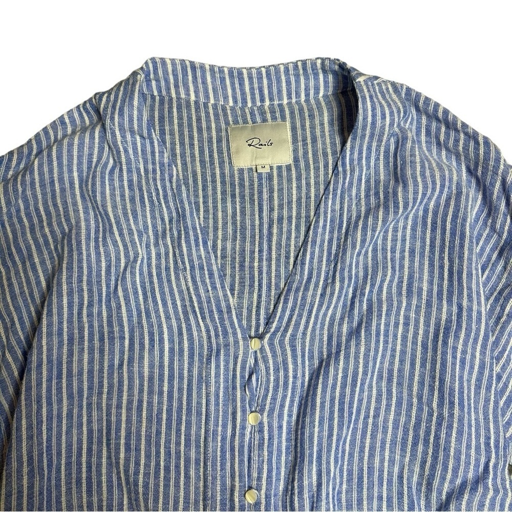 Rails Sloane Linen Blend Top Medium Blue Button Up Striped Front Tie Blouse - Picture 4 of 12